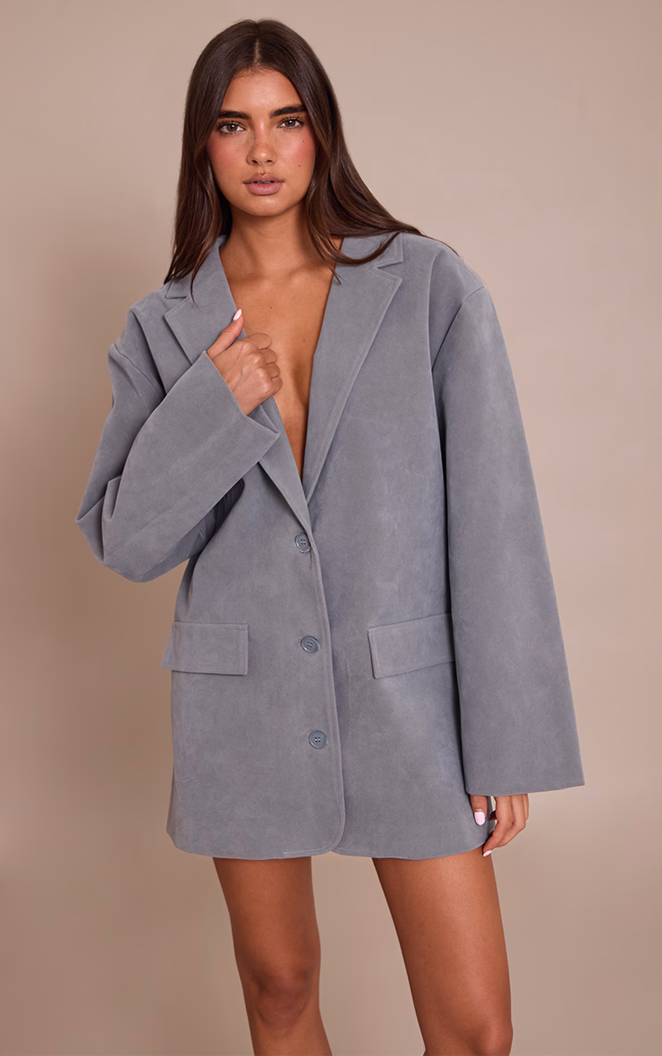 Powder Blue Faux Suede Structured Blazer Dress