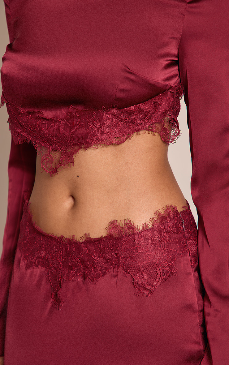 Burgundy Satin Lace Trim Mini Skirt
