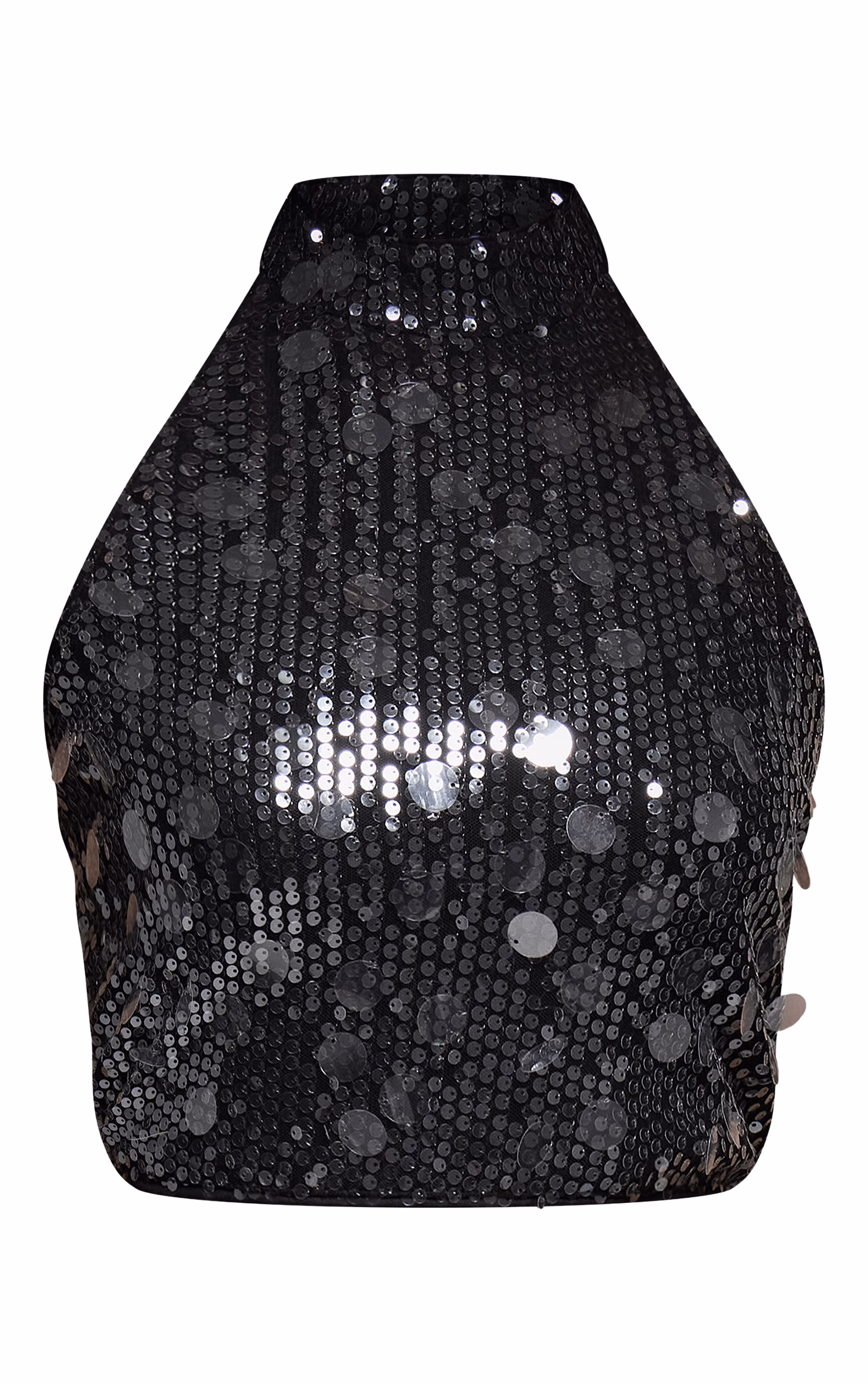 Black Sequin High Neck Scoop Back Crop Top