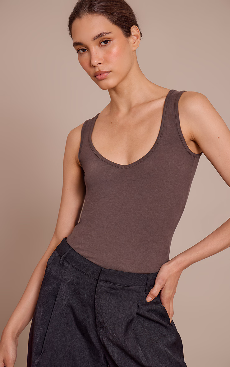 Chocolate Soft Cotton V Neck Vest Top