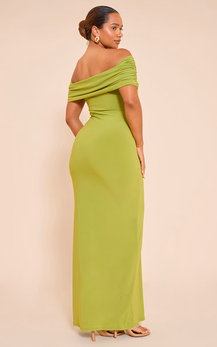 Shape Olive Fold Over Bardot Gold Trim Maxi Dress