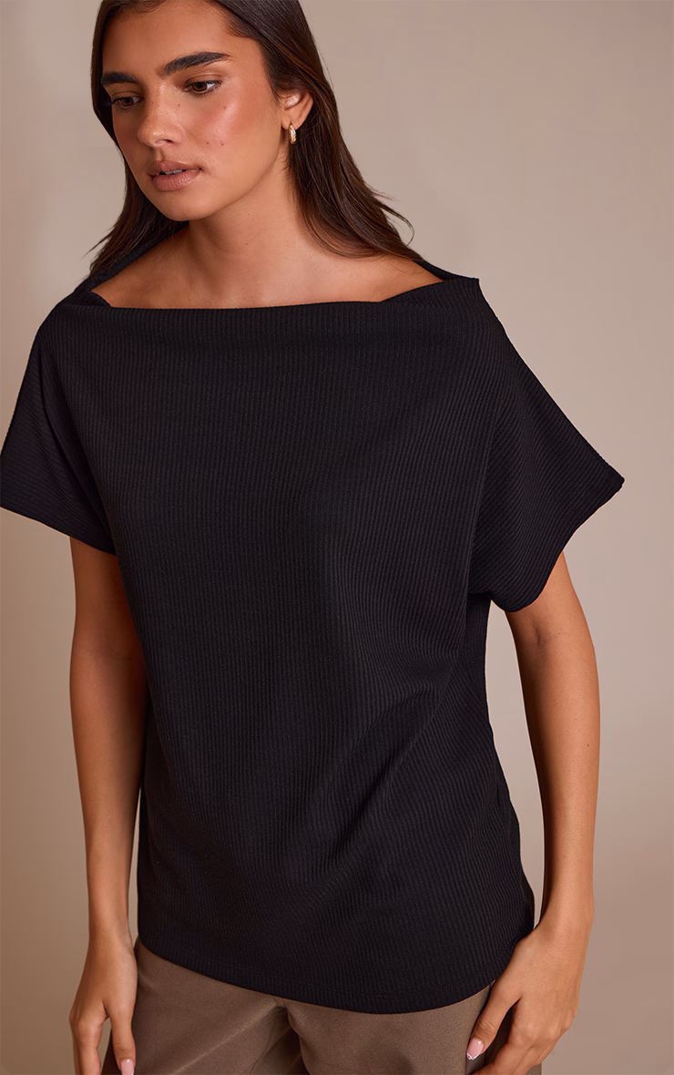 Black Thick Rib Asymmetric Slouchy Long Top