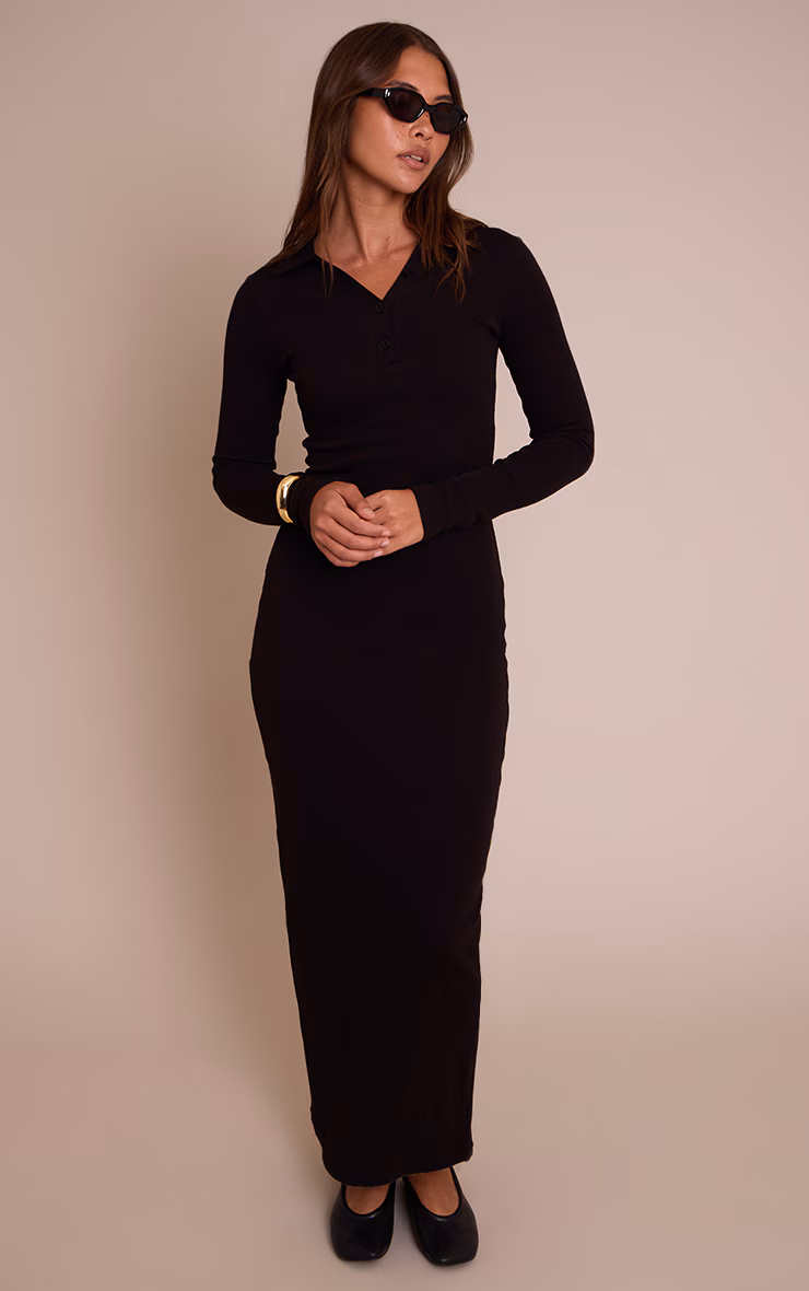 Black Ribbed Button Down Collar Detail Long Sleeve Maxi Dress