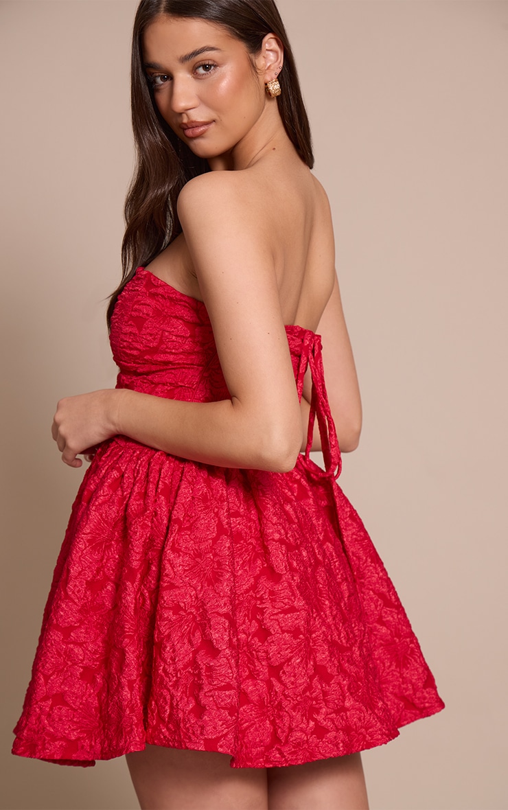 Red Jacquard Bandeau Lace Up Back Shift Dress