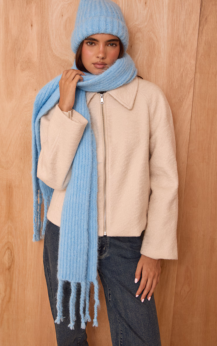 Powder Blue Chunky Knit Tassel Detail Scarf