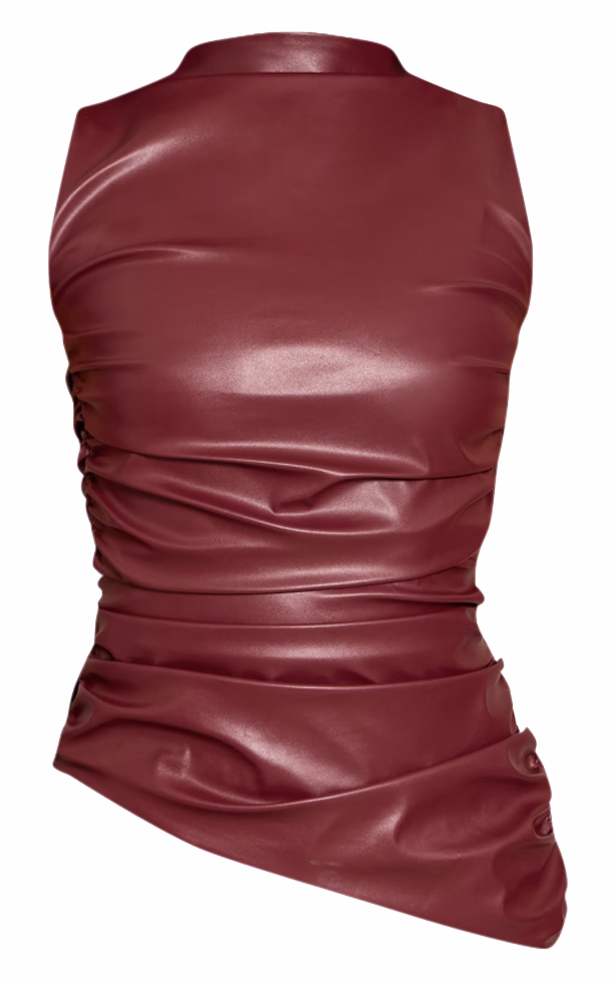 Wine Faux Leather Highneck Asymmetric Hem Long Top