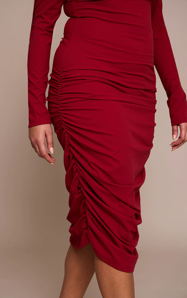 Plus Burgundy Sculpt Off Shoulder Ruched Midi Dress