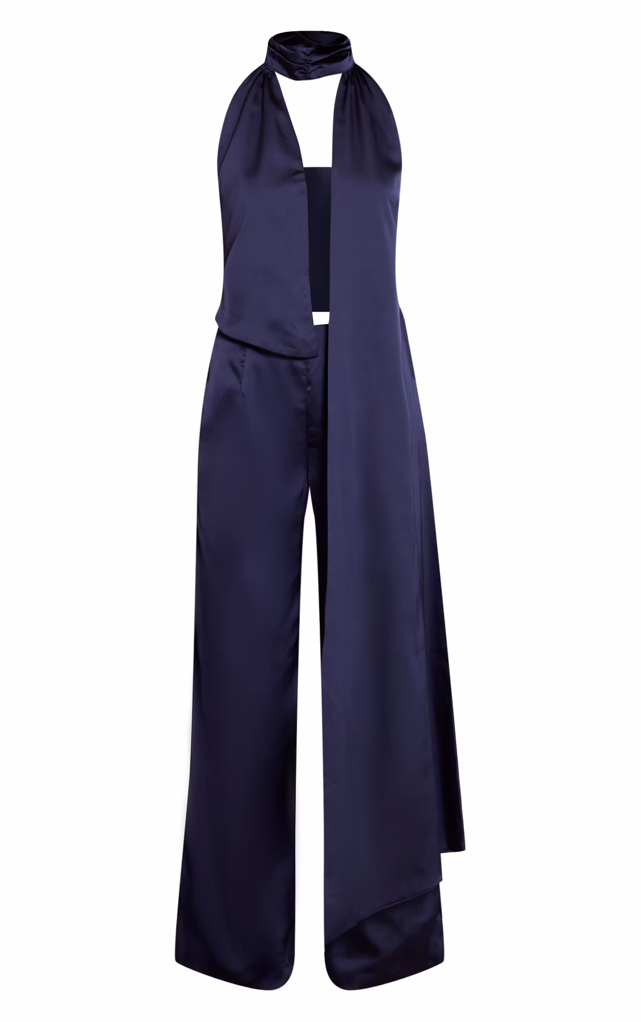 Navy Satin Drape Wide Leg Jumpsuit