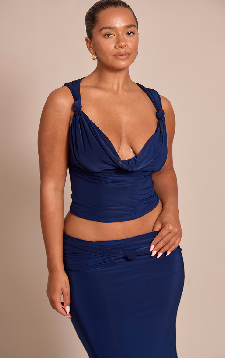 Shape Navy Slinky Knot Detail Cowl Neck Top