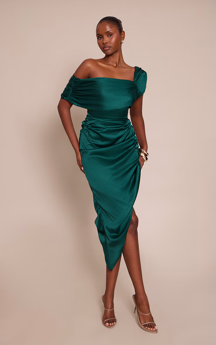 Emerald Bardot Asymmetric Hem Dress