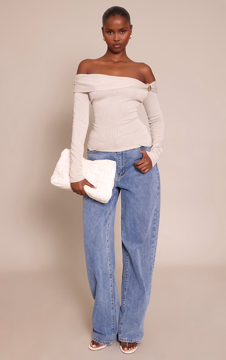 Oatmeal Long Sleeve Twist Shoulder Detail Knitted Top