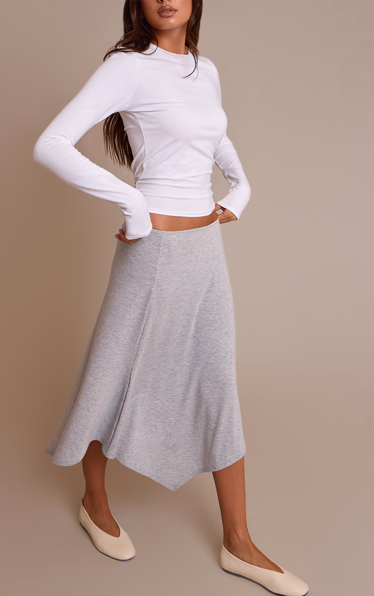 Grey Marl Jersey Hanky Hem Midi Skirt