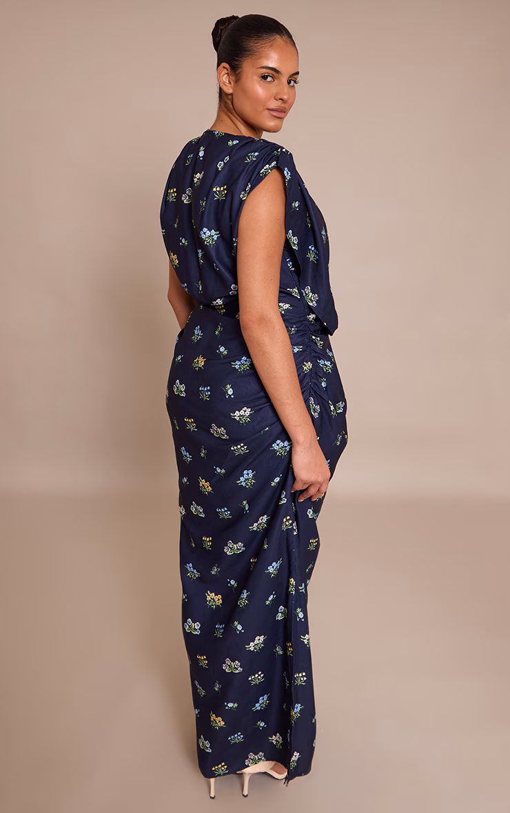 Plus Navy Floral Extreme Cowl Ruched Detail Maxi Dress