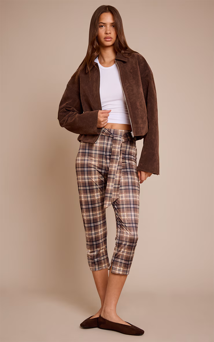 Brown Check Print Double Layer Wrap Waist Capri Leggings
