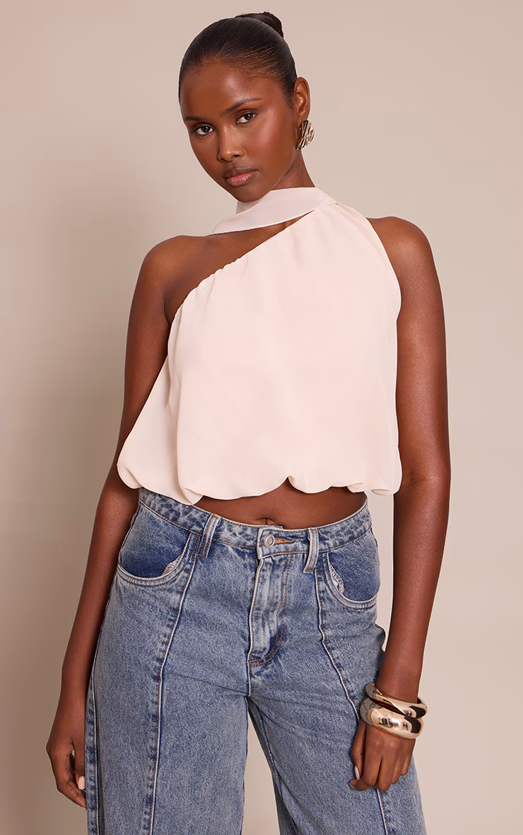 Cream Mesh Halterneck Scarf Detail Top