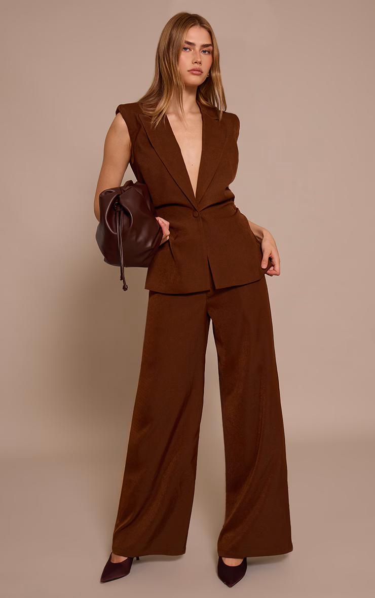 Chocolate Tailored Woven Ruched Waist Shoulder Pad Vest