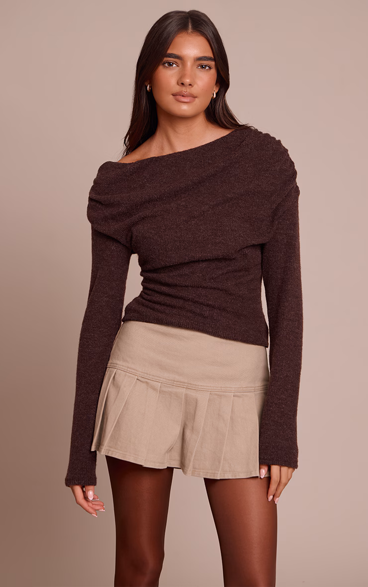 Chocolate Brushed Slouchy Ruched Long Sleeve Top