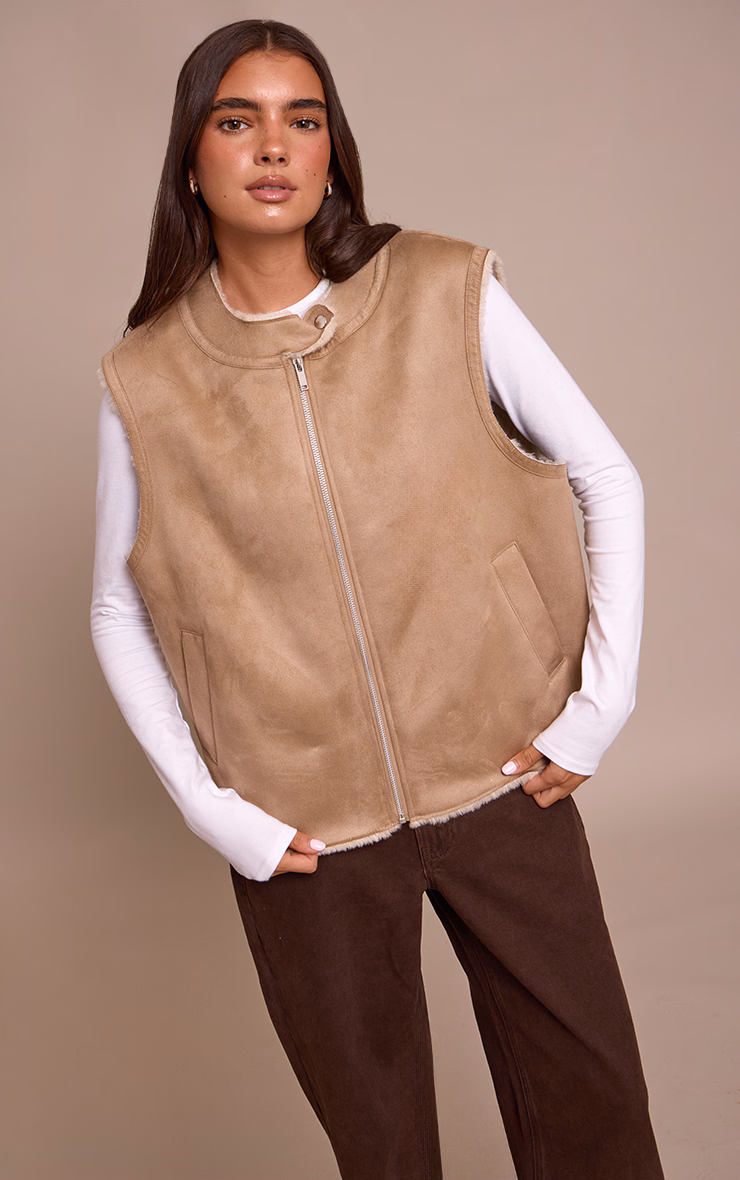Beige Borg Lining Faux Suede Vest
