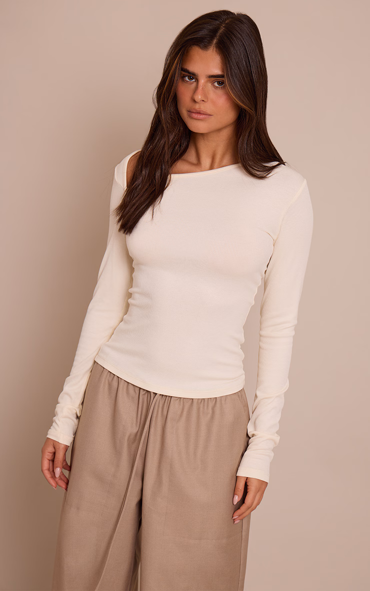 Cream Soft Rib Asymmetric Detail Fitted Longline Top