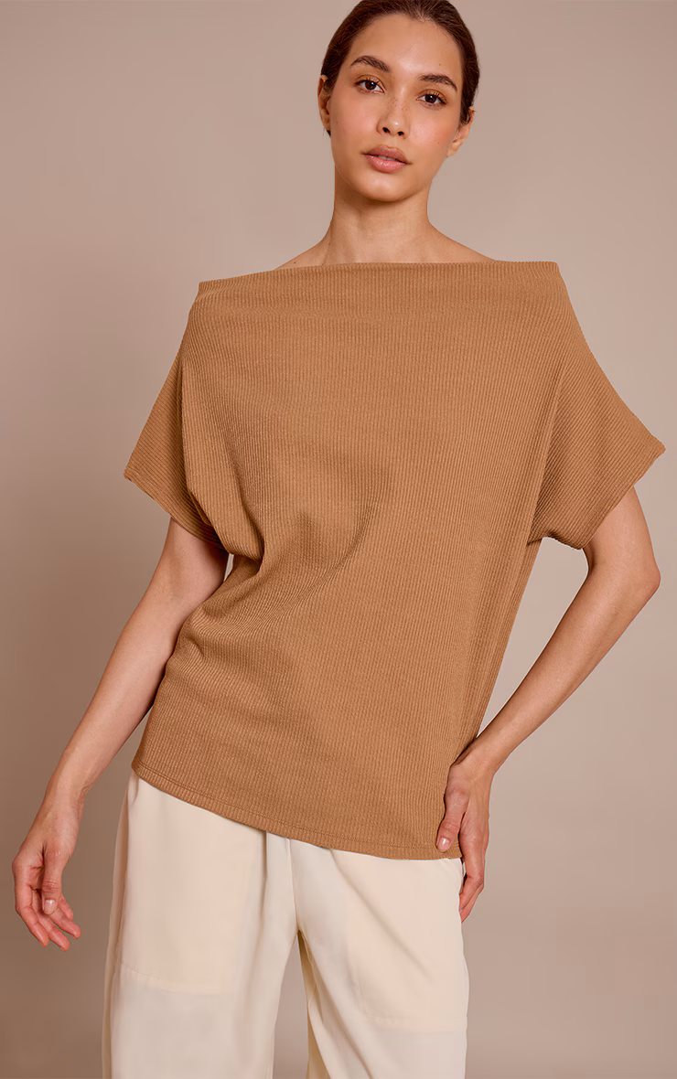 Tan Thick Rib Asymmetric Slouchy Long Top