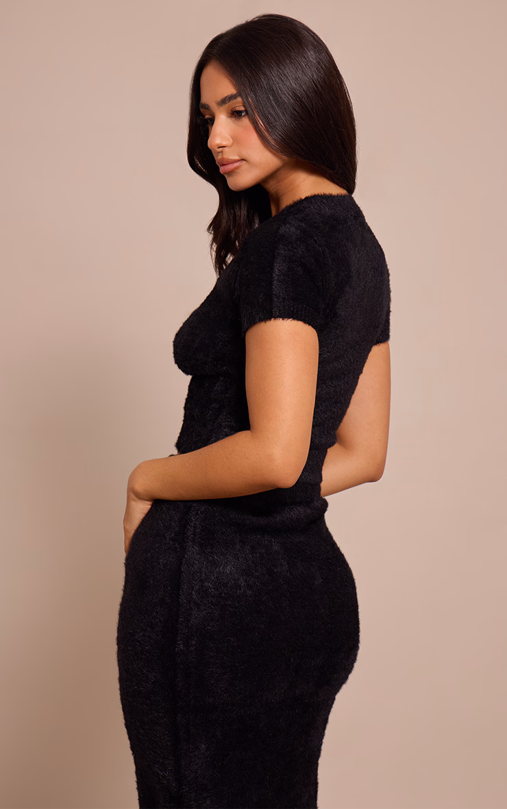 Petite Black Fluffy Knitted Fitted Top