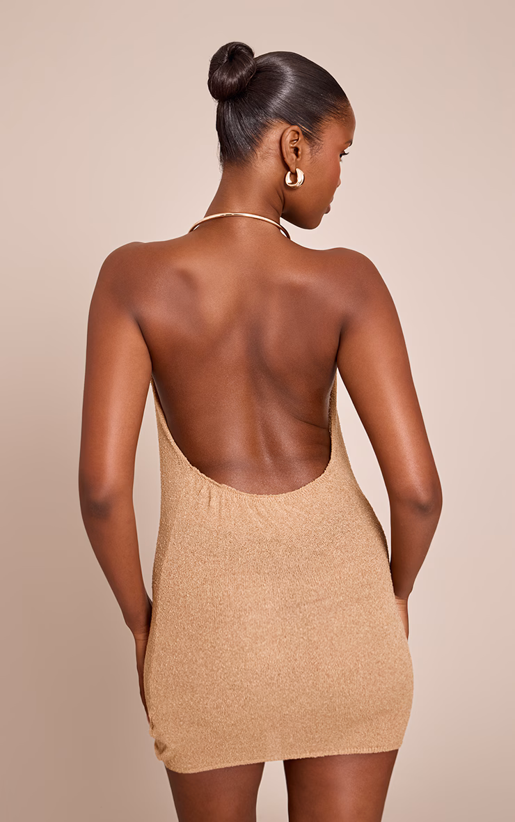 Camel Gold Cuff Detail Knitted Mini Dress