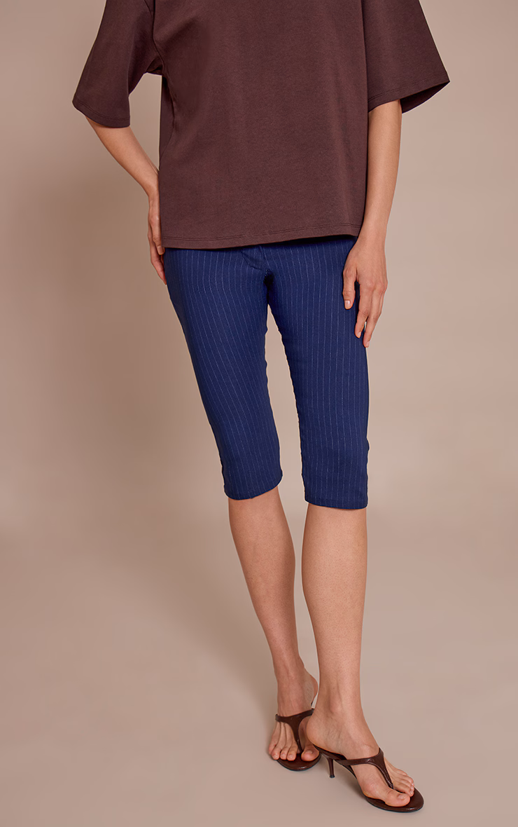 Navy Pinstripe Stretch Woven Placket Detail Capri's