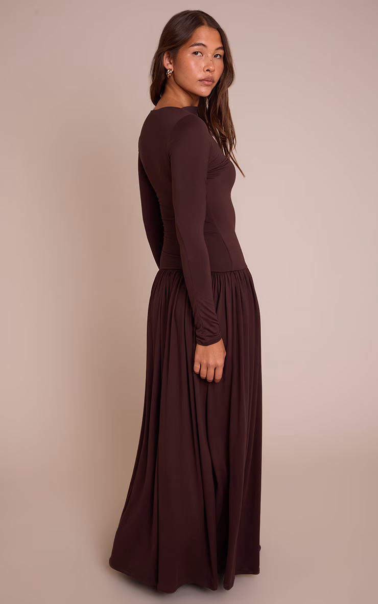 Chocolate Double Layer Jersey Dropped Waist Long Sleeve Maxi Dress