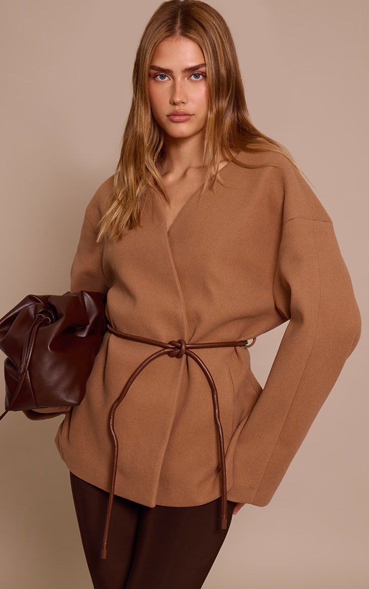 Camel Collarless Wrap Style Tie Waist Wool Look Coat