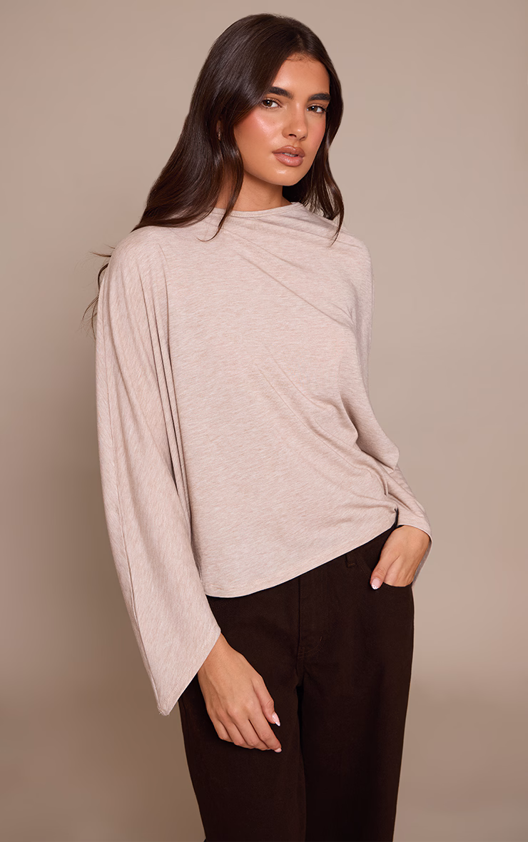 Sand Asymmetric Slouchy Long Sleeve Top