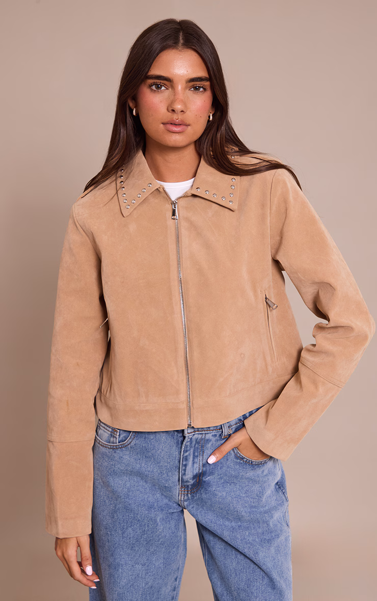 Sand Studded Detail Faux Suede Zip Up Jacket