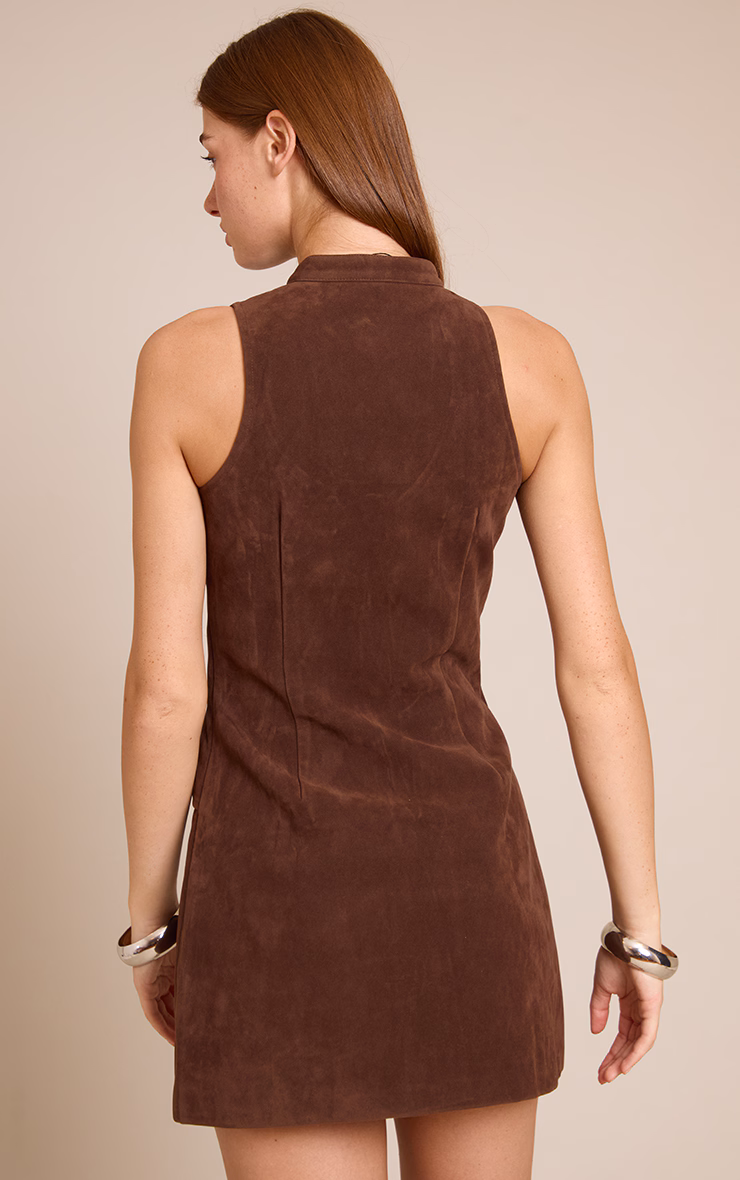 Chocolate Faux Suede Zip Up Mini Dress