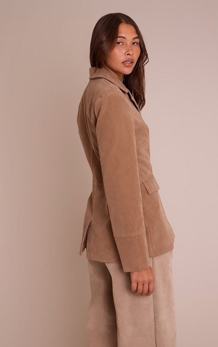 Brown Faux Suede Pocket Detail Cinched Waist Blazer