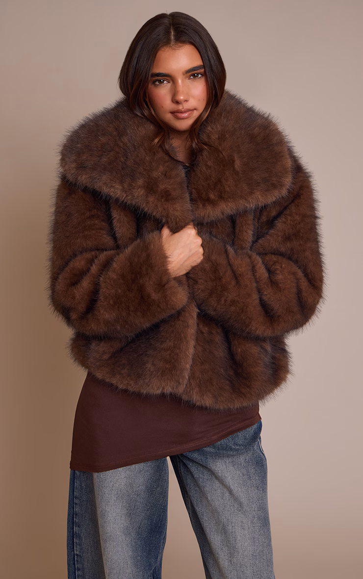 Chocolate Faux Fur Short Shawl Collar Coat