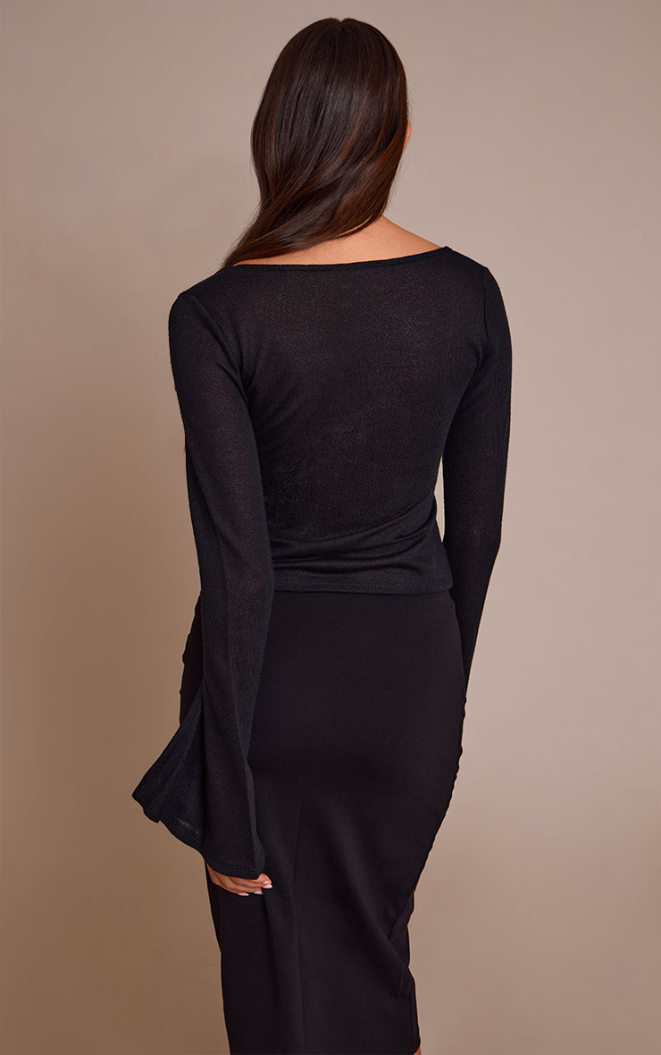 Black Textured Jersey Scoop Neck Flared Long Sleeve Top