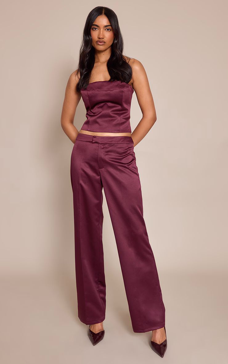 Dark Wine Satin low Rise Straight Leg Pants
