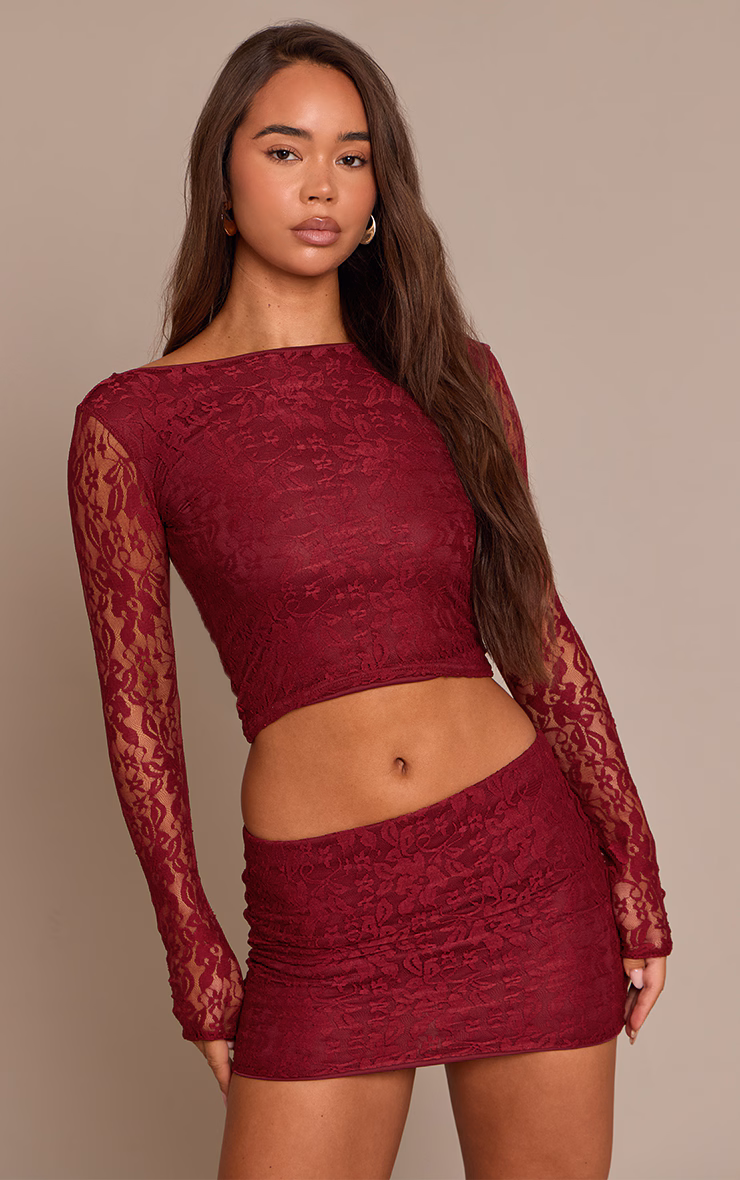 Wine Lace Scoop Back Long Sleeve Top