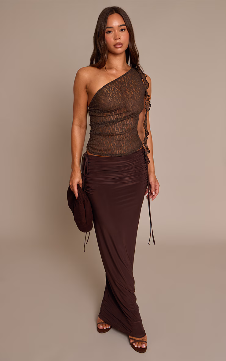 Dark Chocolate Double Layer Slinky Ruched Side Maxi Skirt