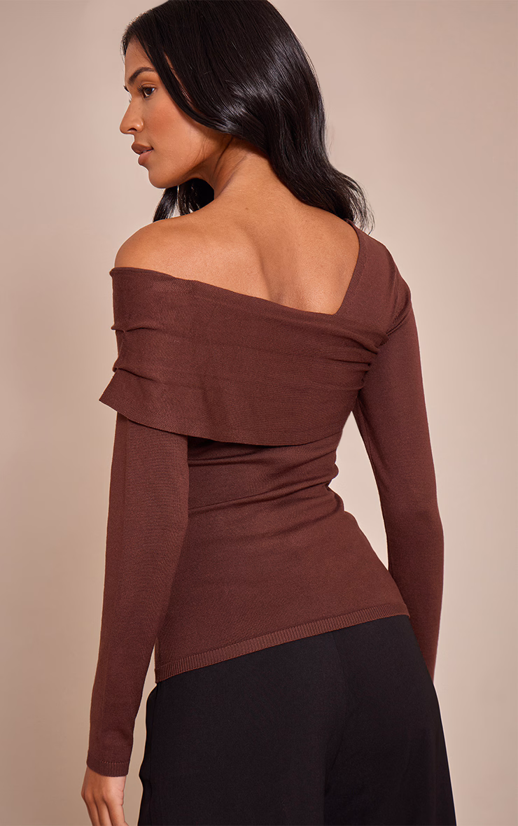 Tall Chocolate Long Sleeve Asymmetric Shoulder Knitted Top