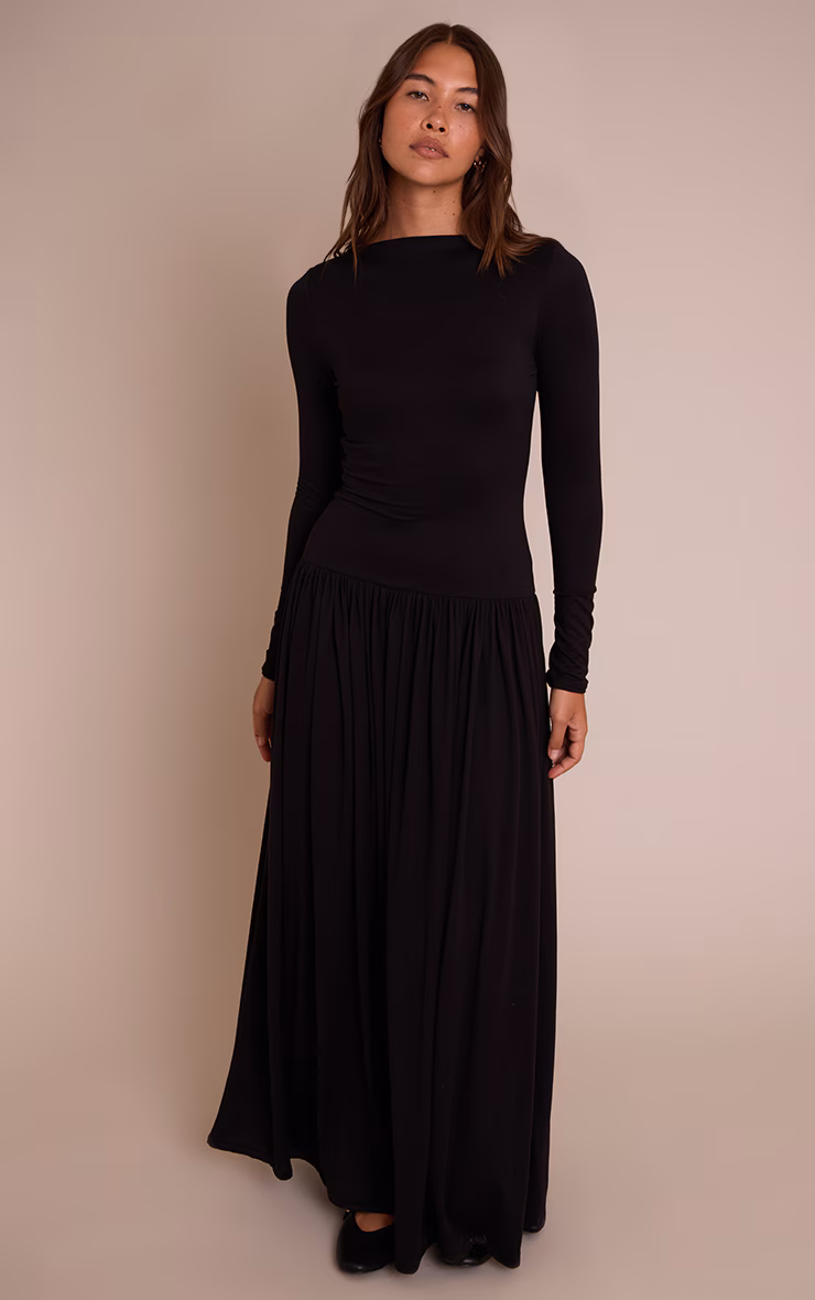 Black Double Layer Jersey Dropped Waist Long Sleeve Maxi Dress
