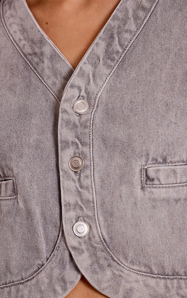 Grey V Neck Curved Hem Cropped Denim Jacket