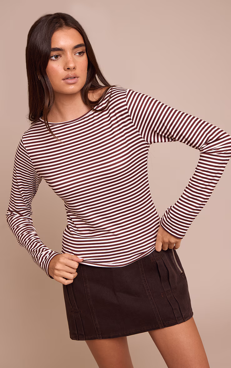 Burgundy Stripe Boat Neck Long Sleeve Top