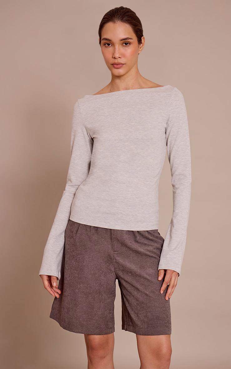 Grey Marl Soft Cotton Ruched Asymmetric Long Sleeve Top