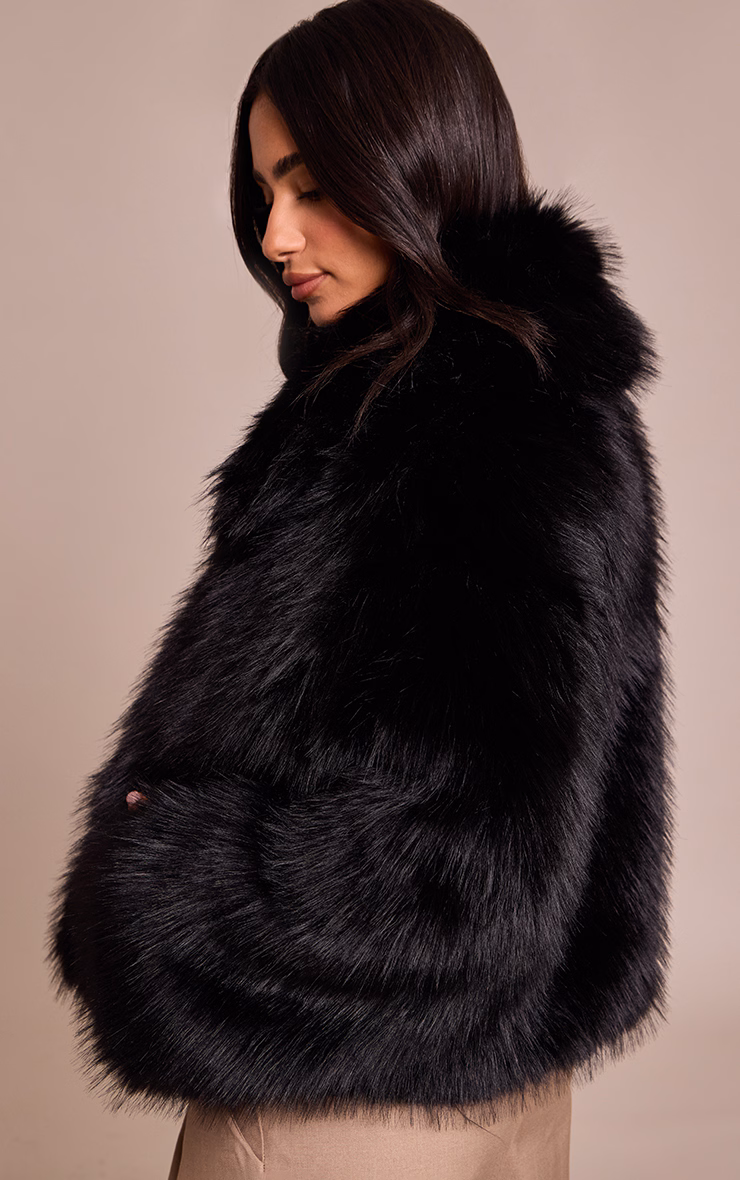 Petite Black Oversized Collar Faux Fur Coat