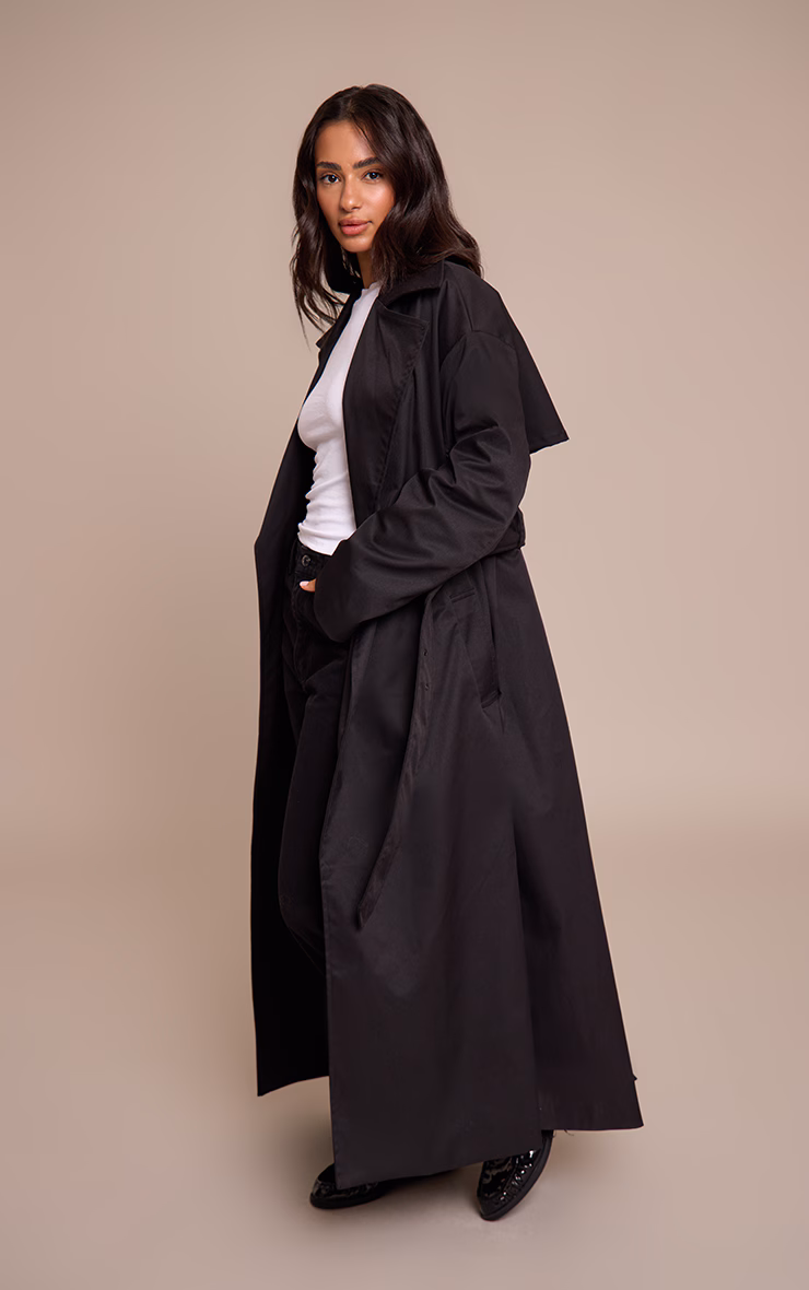 Petite Black Tie Waist Trench Coat