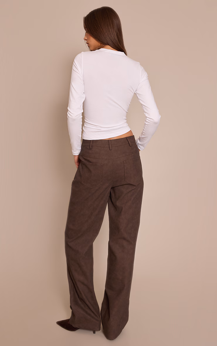 Brown Textured Faux Leather Straight Leg Pants