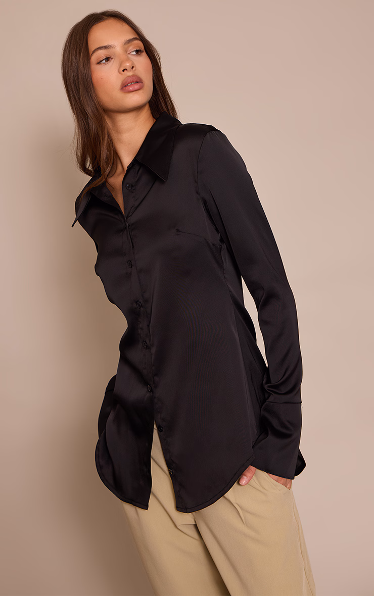 Black Satin Oversized Collar Button Down Fitted Shirt