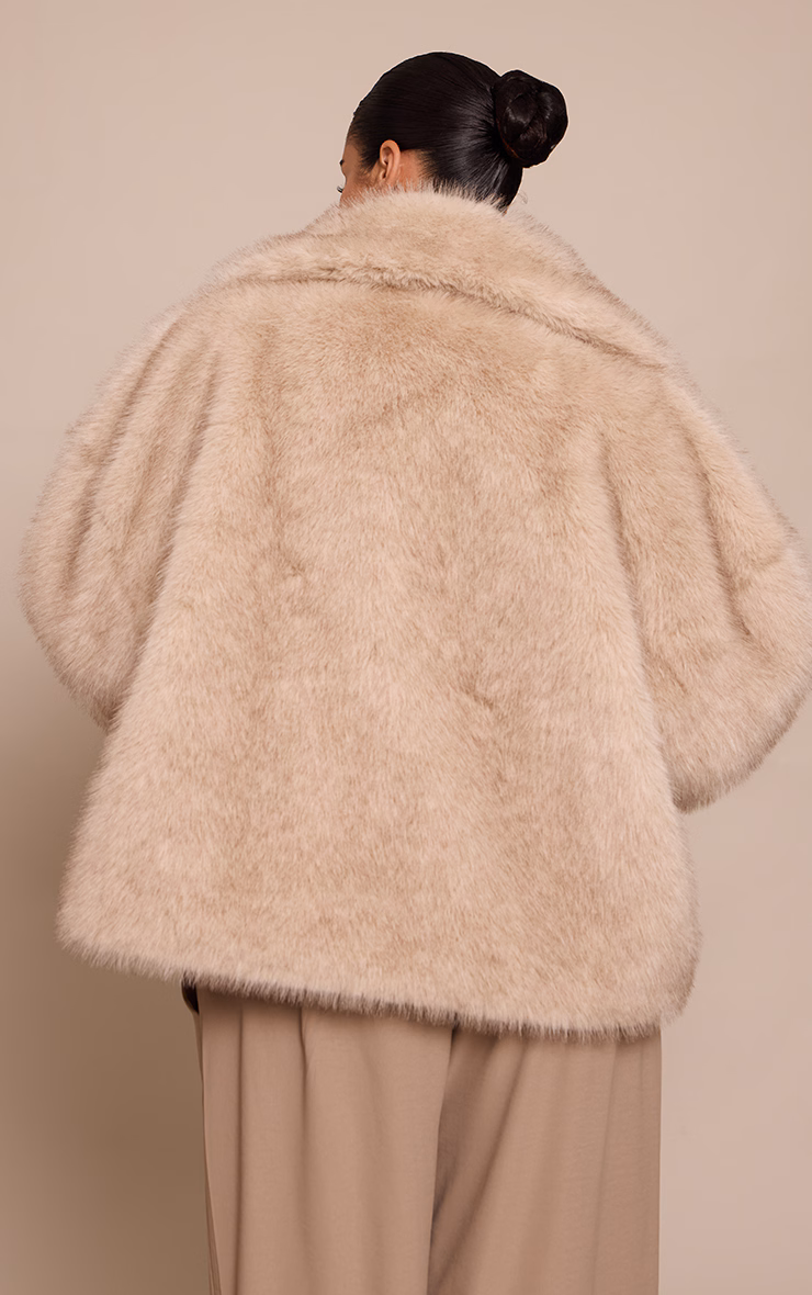 Plus Beige Faux Fur Short Shawl Collar Coat