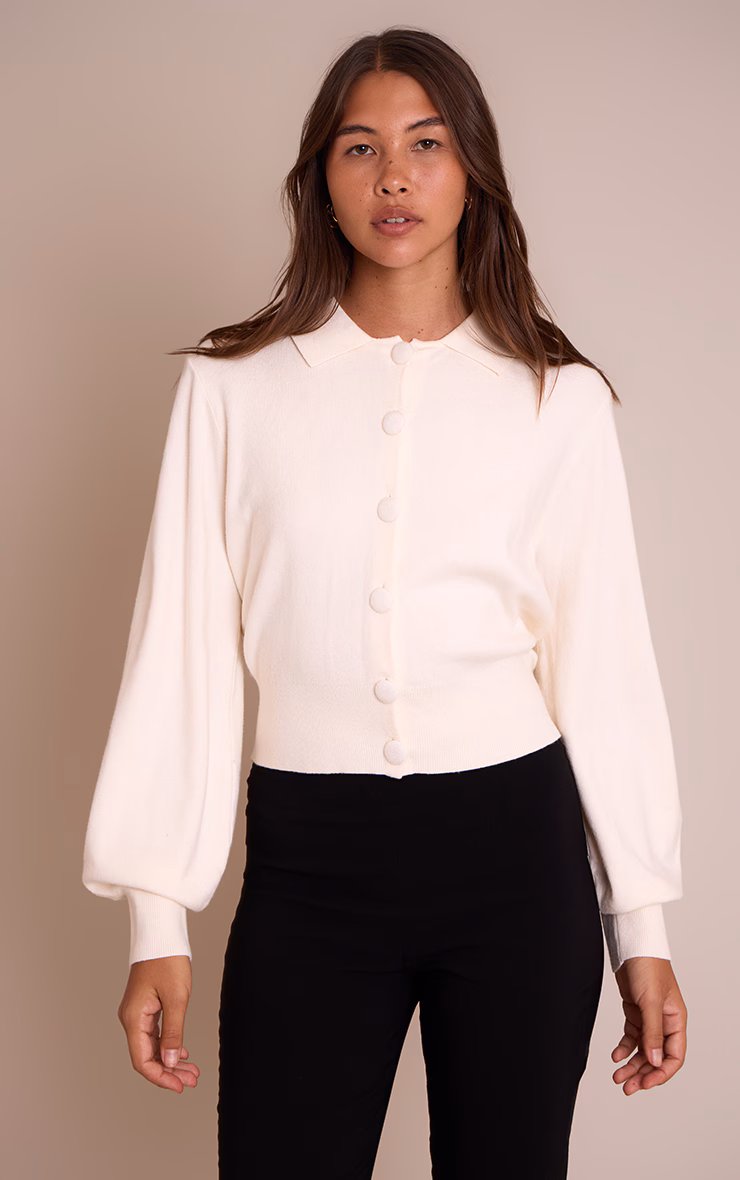 Cream Compact Knit Fabric Covered Button Cardigan