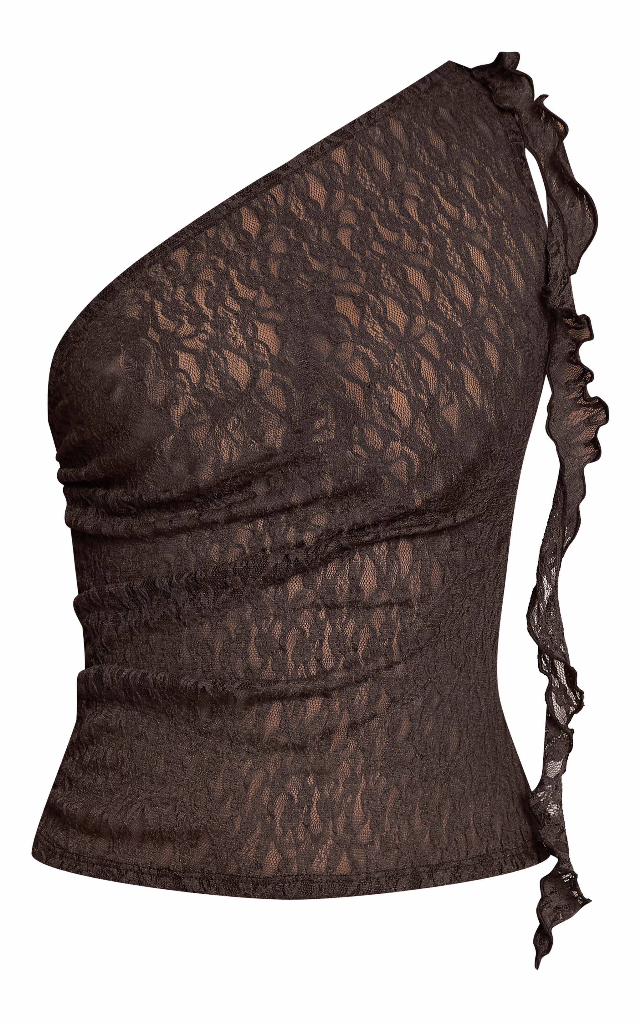 Chocolate Textured Lace Frill Drape Detail Asymmetric  Top